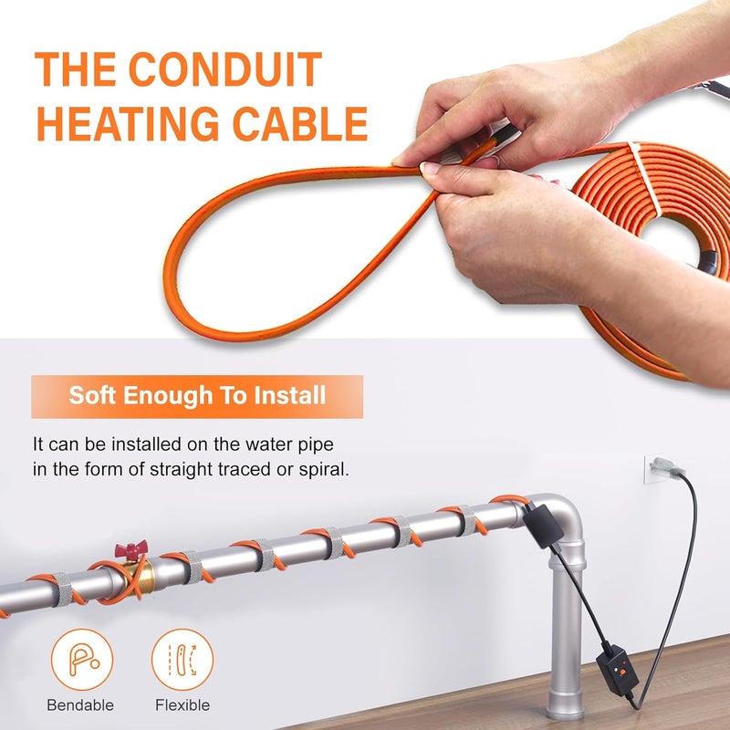 Cupohus Self-Regulating Heat Tape for Water Pipes 40FT, Waterproof Thermostat for Outdoor, Freeze Protection Heat Trace Cable for Metal, Plastic Home Pipes, Roof and RV, 110-120V - Image 3